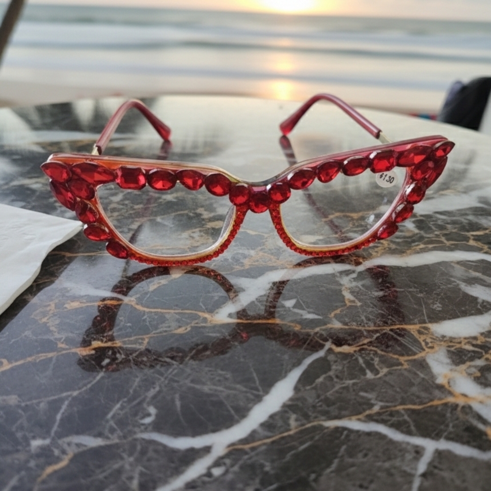 Women's Bling Cat Eye Readers Red Rhinestones AB Reading Glasses Black +1.50 - Picture 4 of 8